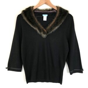 VTG Silk Blend Faux Fur Trim Sweater Sz L Black V-Neck 3/4 Bow Sleeve